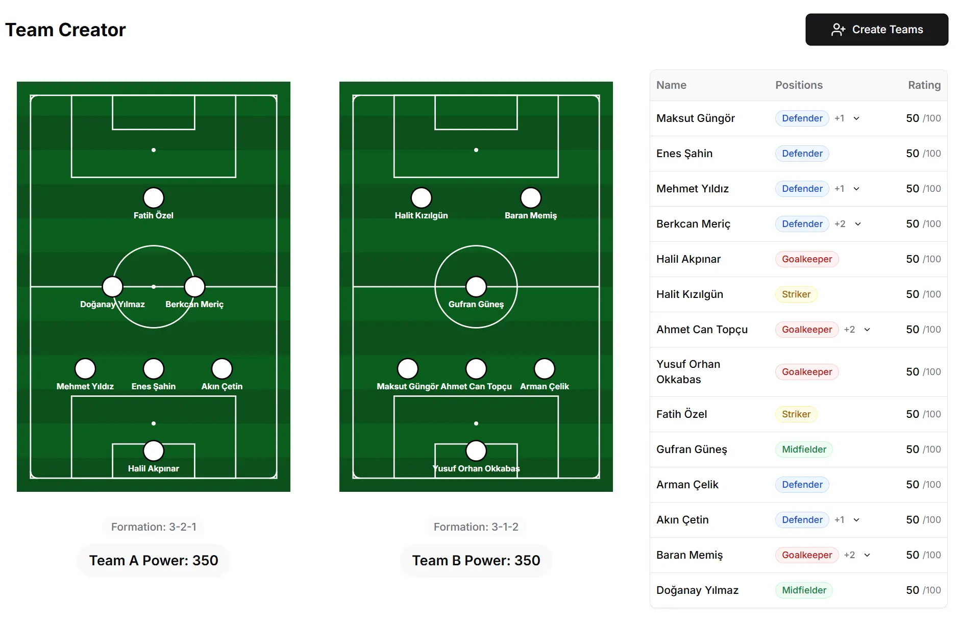 Team Creator Interface